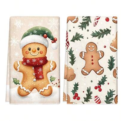 1 set/2 pezzi/100 pezzi Asciugamani da cucina e strofinacci con motivo dell'uomo di pan di zenzero natalizio, adatti per la decorazione di interni di ristoranti, cucine, bagni, decorazioni per feste, possono essere regalati come doni per le vacanze