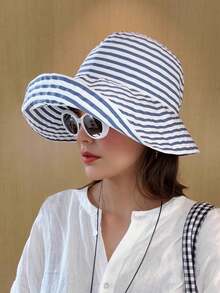 Mũ xô vành rộng họa tiết sọc cổ điển dành cho nữ, mũ chống nắng đa năng có thể gấp gọn dùng ngoài trời, dùng được cho mọi mùa - Nhiều màu - Xem 10