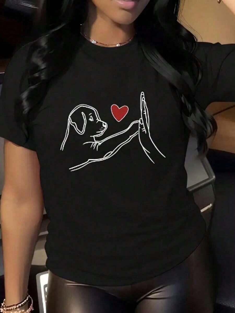 Women's Friend Heart Dog T-Shirt 100% Cotton Premium Streetwear Top New Release Immediate Shipping Various Colors!! Plus Size - Black - View 1