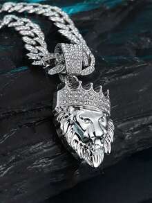 1 件男士复古狮头皇冠吊坠项链，个性化街头派对珠宝