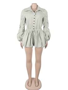 Women's Button Ruched Bubble Playsuits Long Sleeve Drawstring Shorts Shirt Jumpsuit Rompers One Piece Outfits, Spring Fall Winter Clothes - Màu Xám nhạt - Xem 4