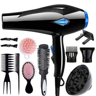 1 Black Hair Dryer With Diffuser And Concentrator For Fast Hair Drying, For Different Hair Types In Salon, Suitable For Salon And Daily Home Use With Different Freebies
