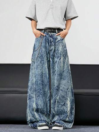 1 件复古美式街头风格破洞阔腿牛仔裤，男士休闲宽松水洗牛仔裤（产品不包含腰带和配饰）