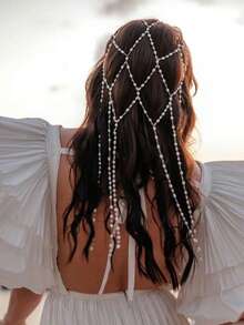 1 件全新仿珍珠流苏头带，优雅网眼头饰，高端新娘婚礼派对发饰，适合女士、秋季、旅行、美发工具、女士配饰、发饰 - 銀色 - 查看 1