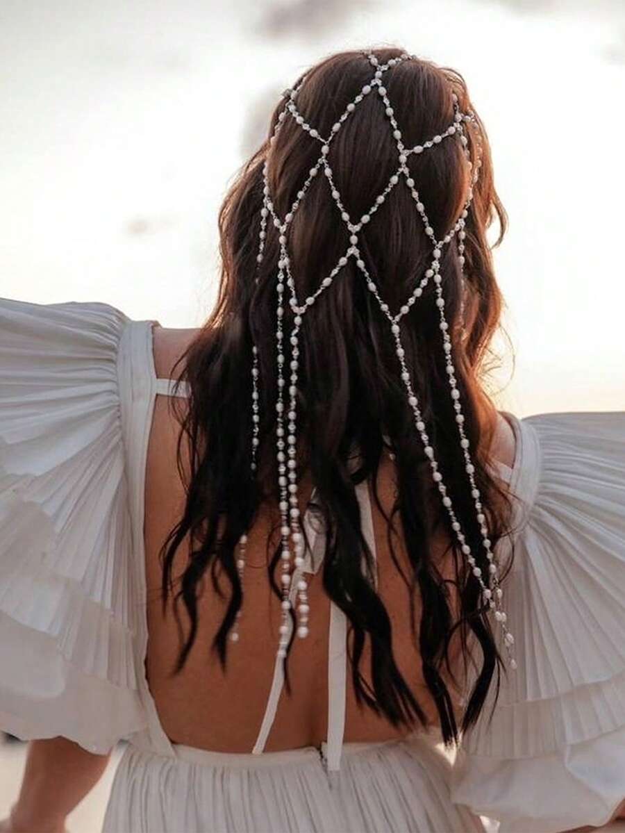 1 件全新仿珍珠流苏头带，优雅网眼头饰，高端新娘婚礼派对发饰，适合女士、秋季、旅行、美发工具、女士配饰、发饰 - 銀色 - 查看 1