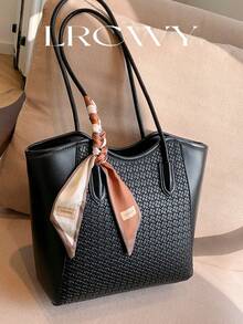 优雅托特包单肩包时尚鳄鱼压纹吊饰精致围巾商务办公大容量咖啡色