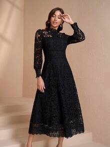 Elegant Stand Collar Long Sleeve Women's Chic Slim Fit Dress, Sophisticated Style