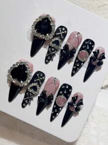 10 件按压式指甲，活力四射的 Y2K 紫色和粉色指甲，闪亮的粉色和黑色法式尖头指甲，可定制几何图案的按压式粘合剂艺术，万圣节指甲