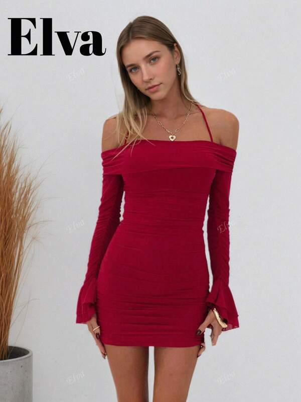 ELVA Fall Women Dresses With A One Shoulder Hanging Neck And Sexy Pleated Design, Featuring A Cinched Waist Bag And Hip Proportion. Back To School Wedding, Guest Dress, Birthday Women's Outfits Mini Women's Dress
