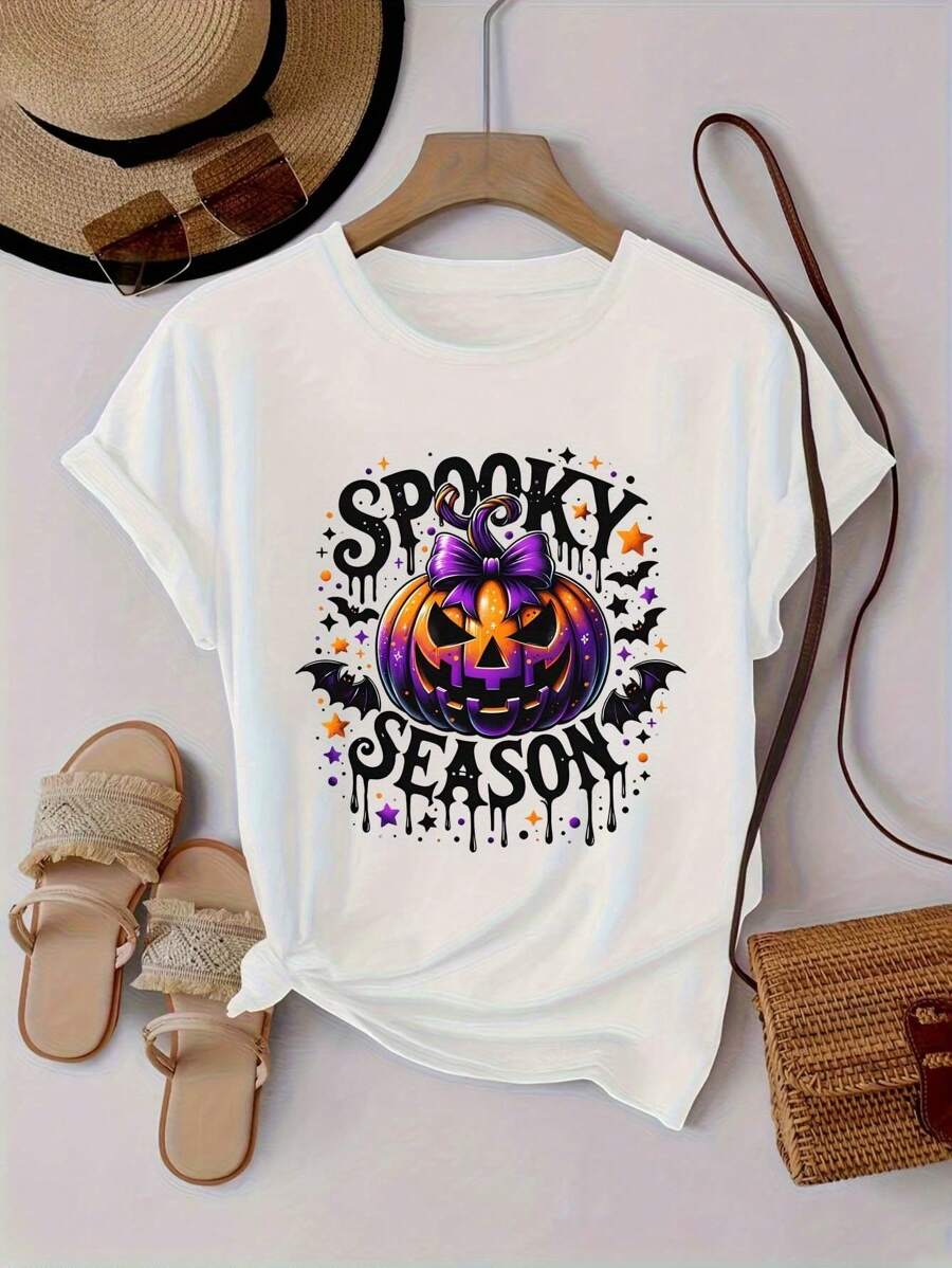 Women'S Halloween Graphic T-Shirt - Spooky Pumpkin Design, Breathable & Comfortable, Casual Round Neck Tee For Casual Attire, Perfect For Summer Parties, Halloween Clothing |   Halloween Themed |   Comfortable FitSoft Cotton Short Sleeve T-Shirt - 白色 - 查看 1