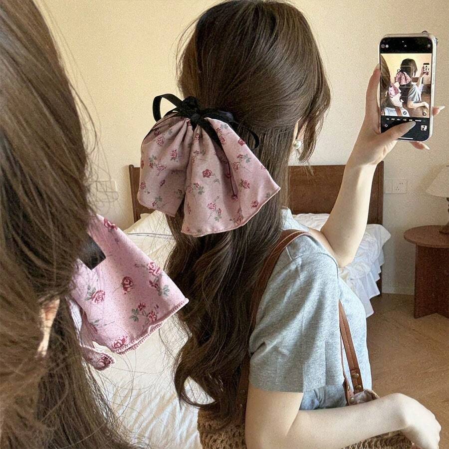 2 件女士黑色和米色韩式缎面蝴蝶结发圈，优雅复古发饰，适合发髻、马尾辫、日常佩戴、发圈、发圈、洗脸 - 粉/豆沙粉1pc - 查看 1