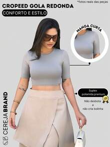 Cropped Blouse Short Sleeve Polyamide Suplex Round Neck Mia - Grey - View 3