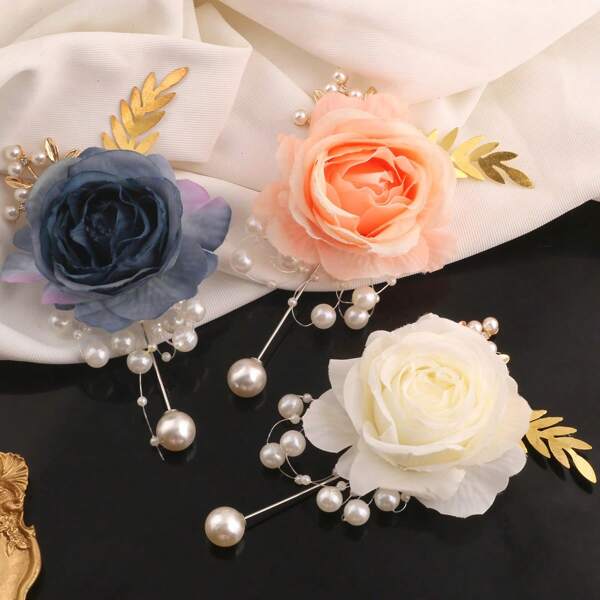 1 pieza Broche unisex elegante con flor de rosa en color rosa, azul marino, marfil con hojas doradas y cuentas, adecuado para bodas, bailes de graduación, fiestas, banquetes, decoración de aniversario