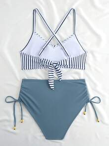 New Sexy High Waist Criss-Cross Strap Bikini Set For Women, Metal Pendant Decor, Adjustable Drawstring, Flattering Tummy Coverage - Blue and White - View 6