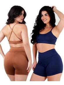 Work Fitness Kit 2 Set Bare Back Top With Cross Straps And Bermuda Shorts Basic Premium - Blue and Caramel - View 1
