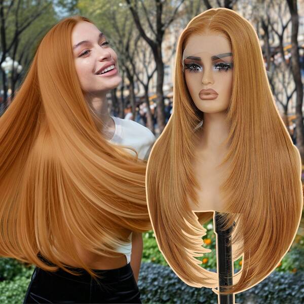13x4 Synthetic Lace Front Wigs Pre Plucked Long Layered 26 Inch Ginger Straight Wigs For Women Ready To Wear 100% Futura Premium Fiber Glueless Wig With Bangs Highlight Brown Mix Black Wig Ombre Burgundy With Black Root Skunk Stripe Blonde With Ginger Beginner Friendly Daily Party Use