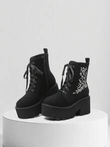 Womens Gothic Platform Ankle Boots Round Toe Embroider Chunky Heels Zipper Lace Up Punk Boot Party Work Dress Shoes Halloween Gift Concert Outing Casual Outdoor Fall Winter Black Booties