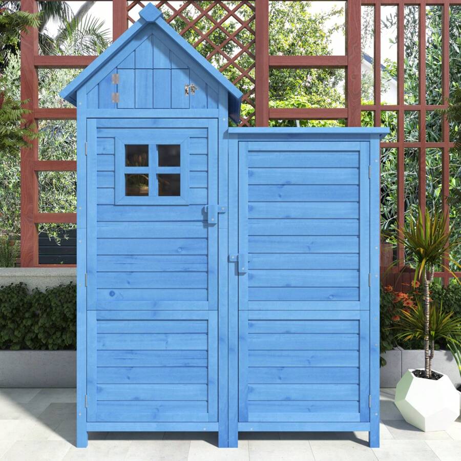 okwish Garden Cabinet Tool Shed, Tool Shed With Gable Roof And Storage, Garden Tool Cabinet Wooden Tool Shed, Weatherproof - 藍色 - 查看 1