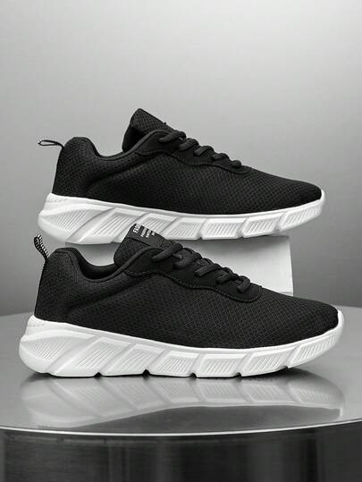Men's Fashionable Black & White Contrast Mesh Lace-Up Casual Shoes, Lightweight & Comfortable, Versatile Sporty Sneakers For Outdoor Activities All Year Round