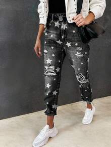 1 pieza Jeans de cintura alta ajustable con estampado de estrella desgastado y lavado, sin estiramiento, talla grande, para mujer, Jeans de mezclilla con estampado de estrella, nueva llegada 2025, moda, producto talla grande vendido
