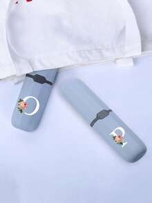 1pc Printed Rose Letter A-Z Blue Portable Toothbrush Holder, Keep Your Toothbrush Clean And Anytime, Anywhere! Travel Toothbrush Storage Box, Portable Toothbrush Cup Sleeve, Multi-Functional Toothbrush Cup, Travel Wash Cup, Toothbrush And Toiletries Storage Set, Suitable For Travel, Camping, Business Trip, School, Dorm Storage, Student Gift, Family Gift. - Blue - View 6