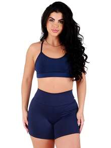 Work Fitness Kit 2 Set Bare Back Top With Cross Straps And Bermuda Shorts Basic Premium - Blue and Caramel - View 5