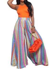 Women's Floral Print Palazzo Pants - High Waisted Ruched Wide Leg Flowy Flared Summer And Autumn Pants - 藍白色 - 查看 1