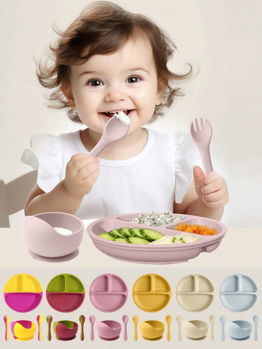 PopLittleOne 4 件装婴儿硅胶餐具套装颜色对比盘吸盘碗进食训练勺叉彩色婴儿餐具套装 - 彩色 - 查看 1