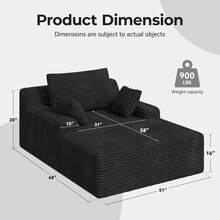 Nalupatio 51'' Oversized Chaise Lounge Chair Indoor, Non-Assembly Deep Seat Sofa Bed Corduroy Sleeper Cloud Couch With 2pcs Pillows For Reading Living Room - 黑色 - 查看 4
