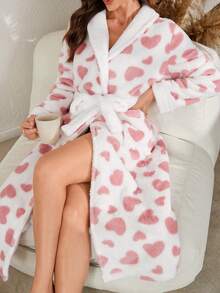 爱心印花口袋毛绒领女式睡袍，冬季保暖，蓬松舒适 - 粉色 - 查看 5