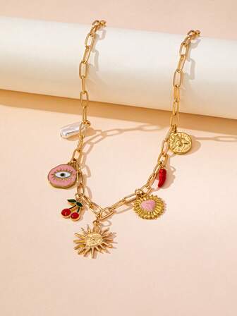1 st flerfärgat bohemiskt semesterhalsband med rosa öga, chilipeppar, djävulsöga, hjärta, körsbärshänge och barockpärla, lämplig för semester, dejt, fest, resor, gatustil och vardagskläder