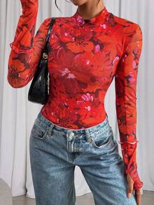 Womens Long Sleeve Going Out Tops  Fall Mesh Floral Blouses Slim Fitted Shirts Date Night Outfits - 橘紅大花 - 查看 1