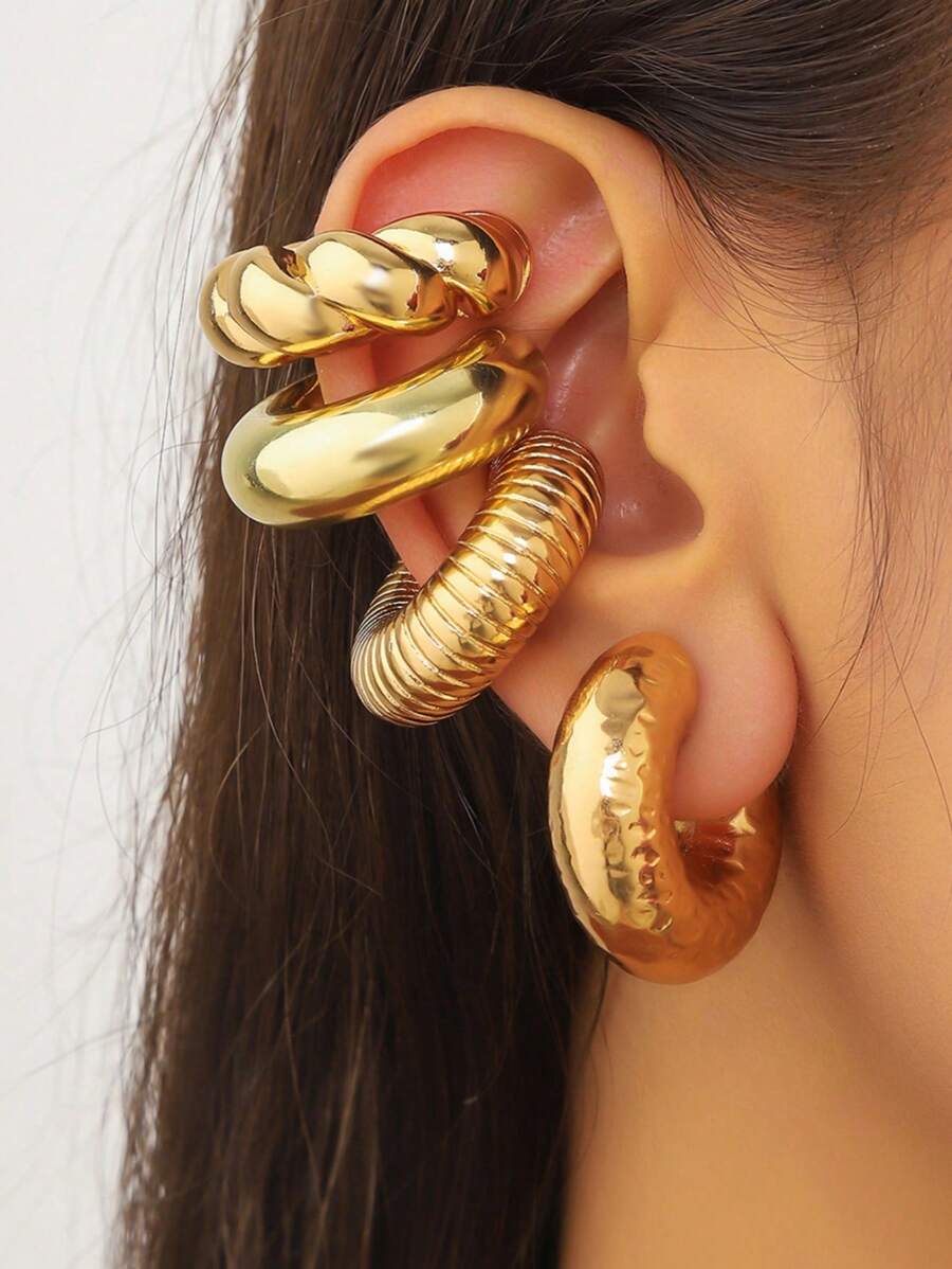 4 件/套夸张 C 形耳夹，水滴纹理耳钉套装，椭圆形镂空电镀 - 金色 - 查看 1