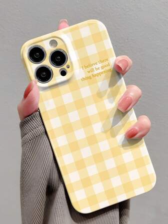 1pc Minimalist PC Material Colorful Plaid Slogan Pattern Perforated Glossy Hardshell Full Coverage Phone Case Suitable For IPhone 11/12/13/14/15/16 Pro Max
