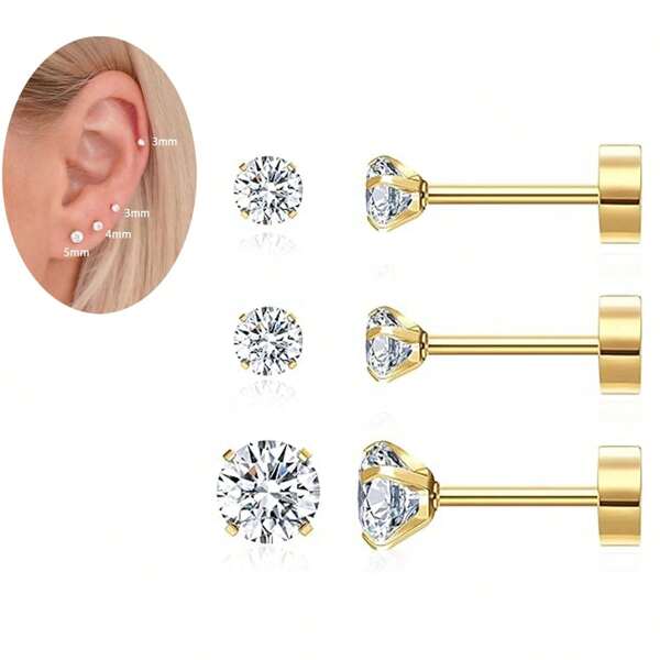 Set de 3 pares de pendientes planos para mujeres y hombres, pendientes de acero quirúrgico hipoalergénicos con respaldo plano a rosca, pendientes de espalda plana para cartílago de 3mm/4mm/5mm, joyería de perforación Helix Tragus Conch