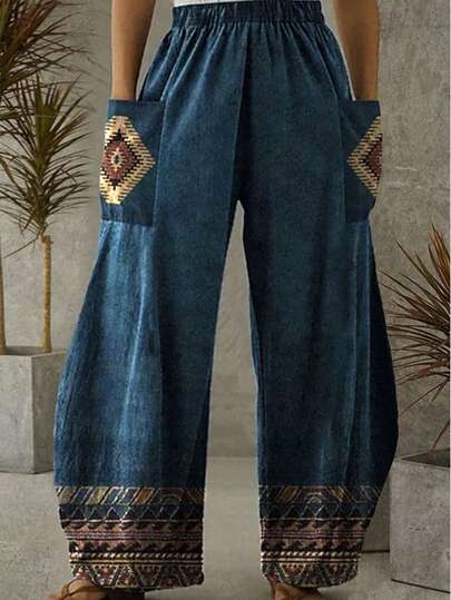 大码女式休闲复古印花裤，带口袋 - 图案，宽松版型，秋冬时尚，涤纶混纺，可机洗，可爱裤子