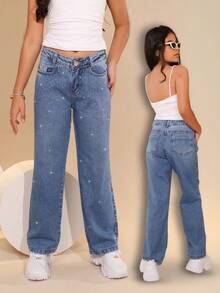 Girls' Wide Leg Jeans With Rhinestones - Stylish Girl 4 To 16 Years Old - 霧霾藍 - 查看 1
