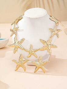 3pcs/Set Nautical Metal Starfish Pendant Necklace & Earrings Set, Suitable For Women's Daily & Vacation Outfits - Yellow Gold - View 2