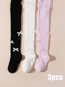 1/3 双女婴可爱蝴蝶结装饰紧身裤袜，适合所有季节的女童浪漫风格紧身裤