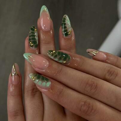 24 件长杏仁花设计法式尖头按压指甲杏仁完美贴合丙烯酸假指甲套装，包括：1 件果冻胶和 1 件指甲锉，花朵指甲和夏季指甲适合女士和女孩日常佩戴和派对使用指甲用品指甲