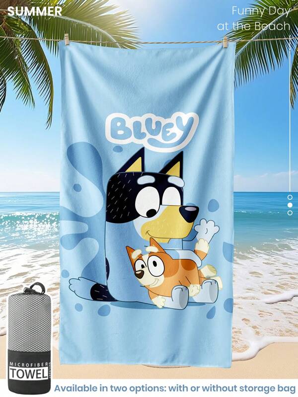 Bluey 1pc Bluey Beach Towel, Naughty And Bluey Pattern Swim Towel, Bath Towel, Fashion Style Beach Towel, Super Absorbent Bath Towel For Bathroom, Swimming, Fitness, Yoga, Soft And Comfortable Microfiber Towel, Lightweight And Portable, Wind And Sun Protection, Sandproof For Summer Travel, Vacation Holiday Bathroom Decor,Recommend Regular Sizes And Larger Sizes, (35*75cm Small Size Face Towel,150cm Or Above Recommended)