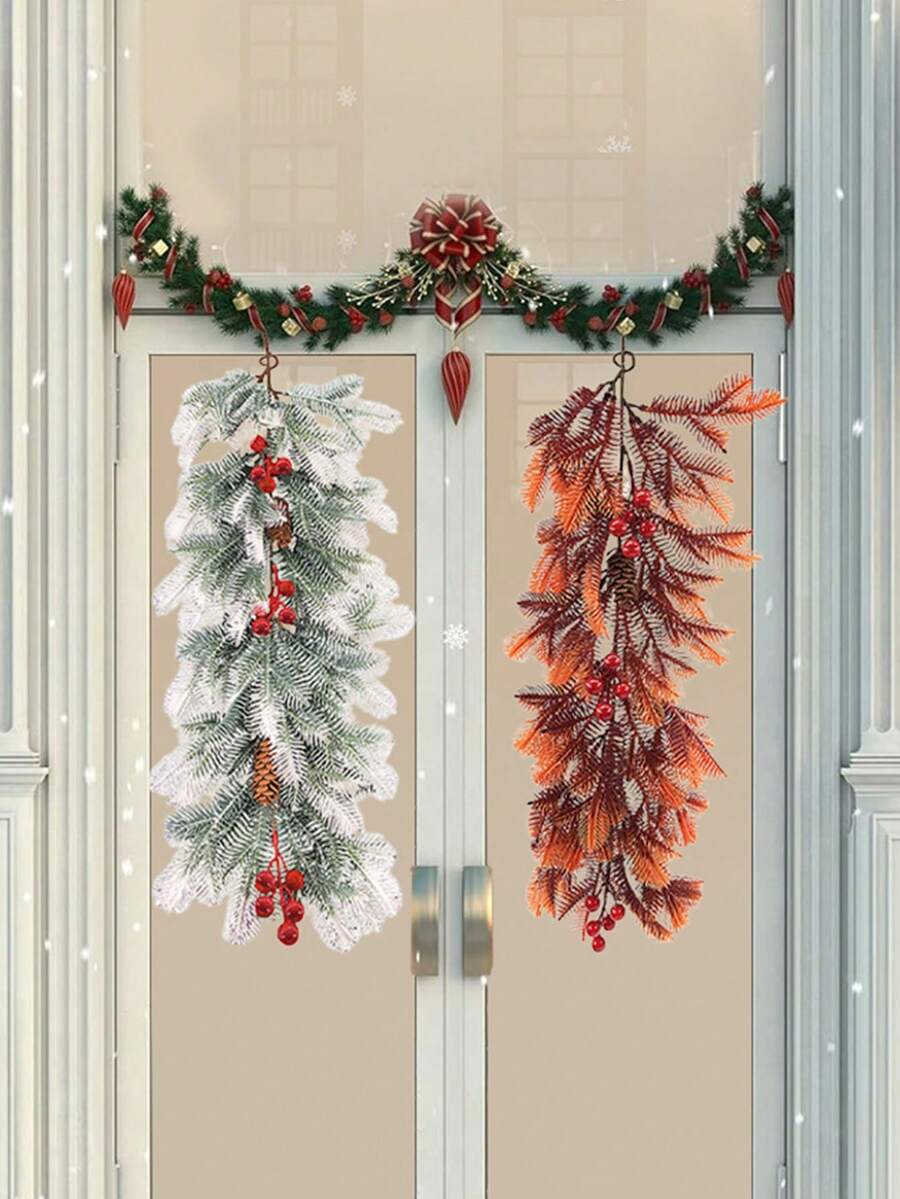 Christmas Artificial Teardrop Swag 25 Inch Faux Mixed Pine Cones And Berry Swag Green And White Winter Xmas Pine Branch Plant Decoration For Front Door Farmhouse Wall Window Home Christmas Party Decorations