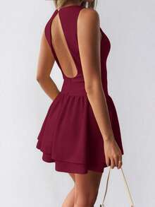 Women's Solid Color Bodycon Backless Christmas Dress - Burgundy - View 2