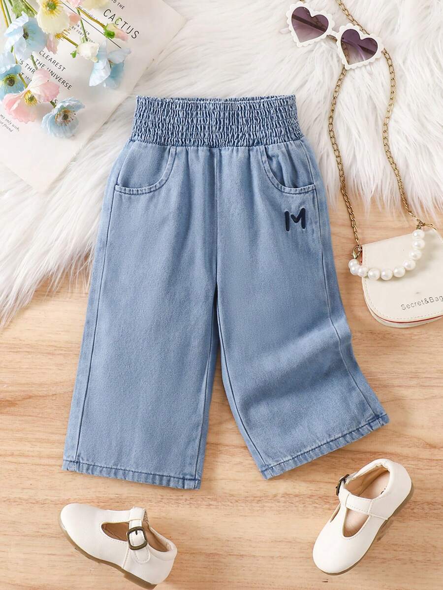 全新女婴刺绣字母休闲日常牛仔裤 - 淺藍色 - 查看 1