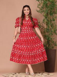 Women's Fashion Midi Dress In 3D Laise Fabric And Smooth With Elastex On The Back And Button On The Front And Lining - 雙色紅 - 查看 2