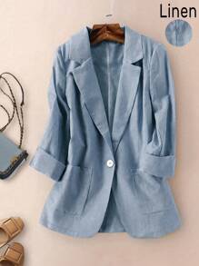 女士休闲亚麻七分袖西装外套，春秋装 - 霧霾藍 - 查看 1