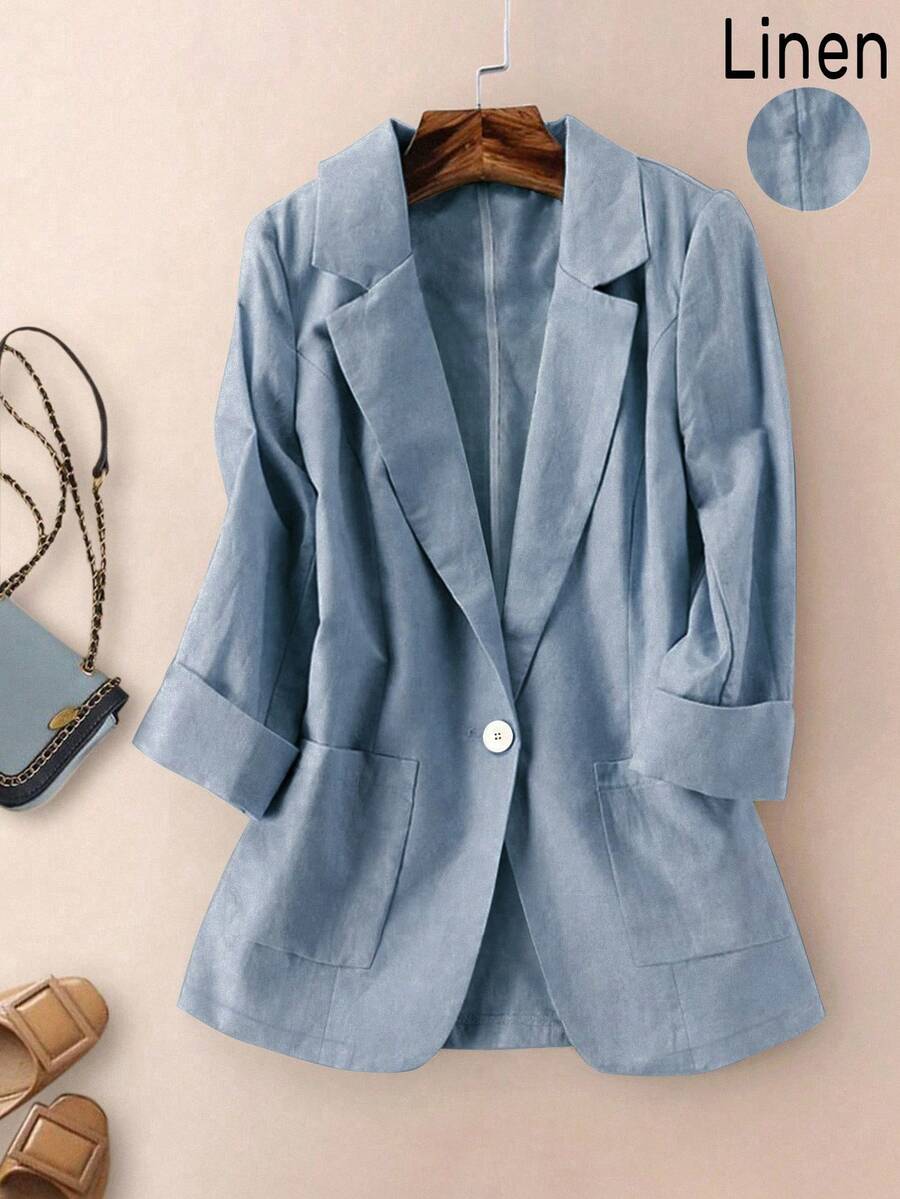 女士休闲亚麻七分袖西装外套，春秋装 - 霧霾藍 - 查看 1