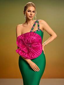 优雅性感撞色3D花卉装饰绿色露背水钻点缀派对礼服，适合晚宴、派对、圣诞节、情人节、婚礼等场合。 - 彩色 - 查看 5