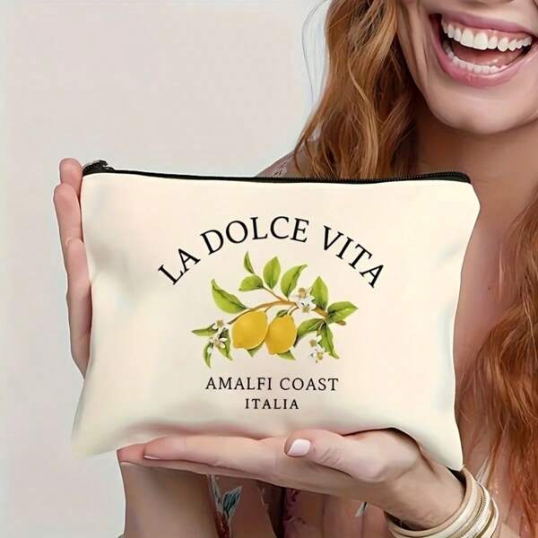 1pc La Dolce Vita Amalfi Coast Italia Toiletry Bag - Elegant Lightweight Travel Cosmetic Pouch With Zipper Closure, Durable Polyester Makeup Organizer For Women, White With Vibrant Italian-Inspired Graphics, Multi-Use For Stationery & Gifts, Travel Toiletry Bag, Gift Packaging, Italian Inspired Design, Clear Visibility Material