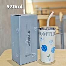 1pc Fashionable Women's Stainless Steel Straw Cup, Portable Vacuum Insulated Beverage Cup, Elegant Floral Drink Cup Gift